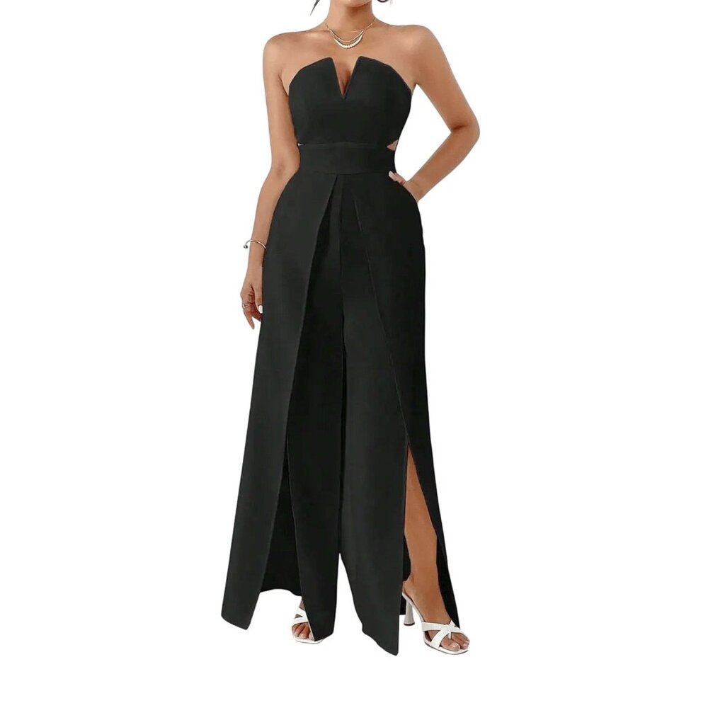 Backless Notched Neck Bare Shoulders Split Wide Pants Strapless Tube Jumpsuit